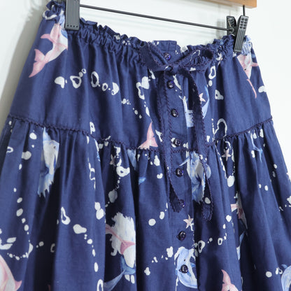 【極美品！】ピンクハウス★いるかプリントスカート 恋するいるか 前開き ピコレース ギャザー ブルー系 z22283