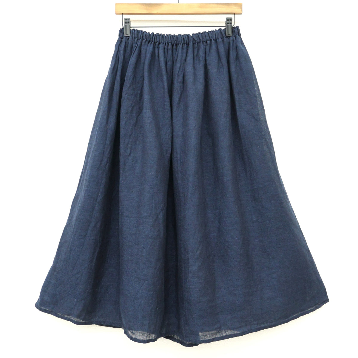 【美品・紙タグ有】中川政七商店★麻のかや織 ギャザースカート 紺系 麻100% 涼しげな透け感♪無地 z23315