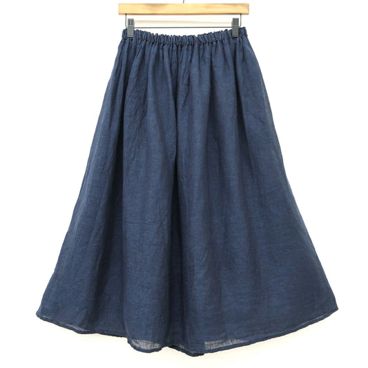 【美品・紙タグ有】中川政七商店★麻のかや織 ギャザースカート 紺系 麻100% 涼しげな透け感♪無地 z23315