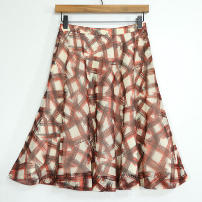 レリアン★手描き風チェック柄が素敵♪シフォン ミモレ丈 フレアスカート サイズ9 ベージュ赤系 z23013