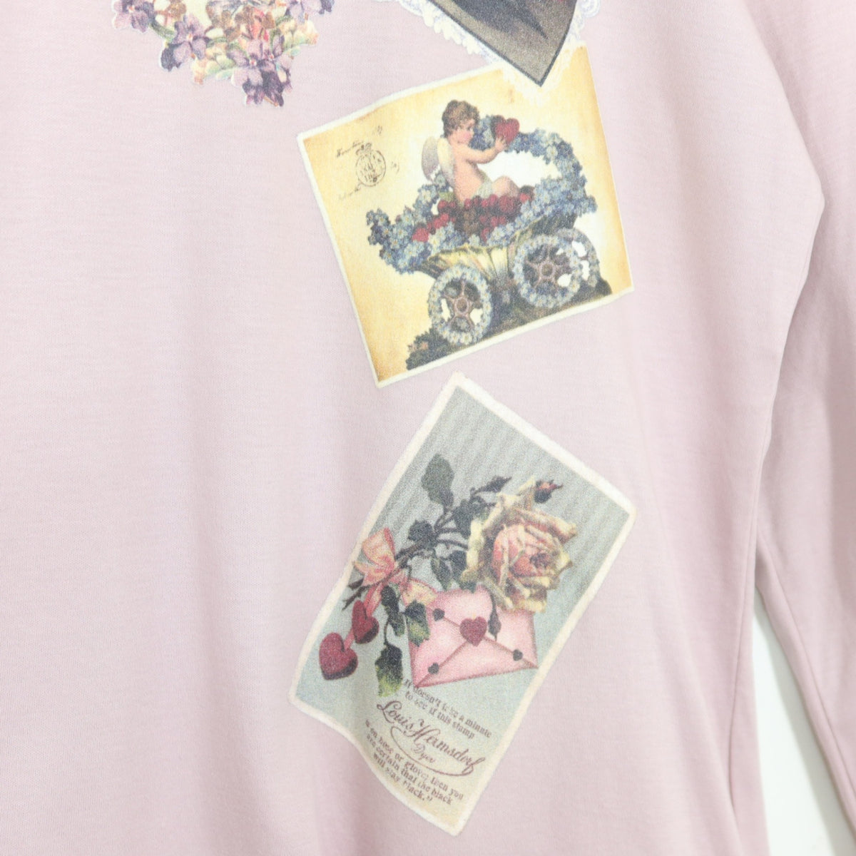 【美品】ピンクハウス★ヴィクトリアンカードpt♪長袖カットソー サイズM ピンク系 サテンリボン&ピコレース♪薄手 z20660