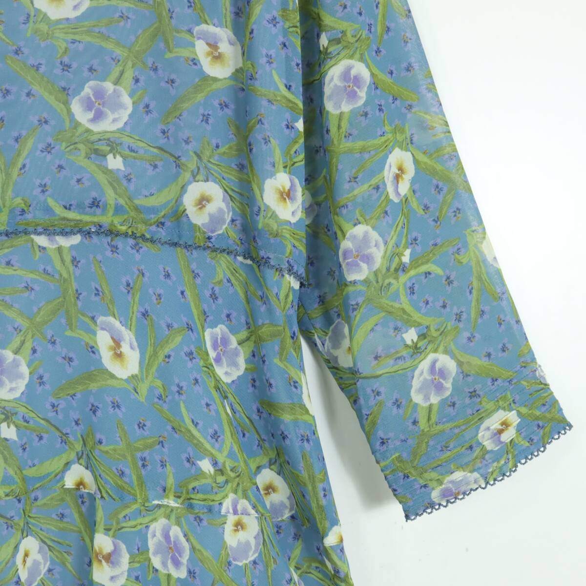 【極美品】インゲボルグ★二点セット！花柄シフォンワンピース&ショール サイズ9号 青系 ゆったり♪残布有 z18010