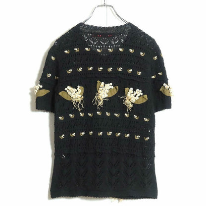 【美品】ピンクハウス★可憐な鈴蘭 カーディガン 小さなスズランもたっぷり♪ 可愛い モチーフ 半袖ニット 黒系＊z12548