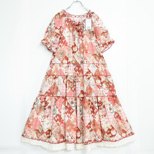 【新品タグ付】ピンクハウス★PH Tea Party♪半袖ワンピース 赤系 ロゴ刺しゅう♪2025年製 残布有 z22159