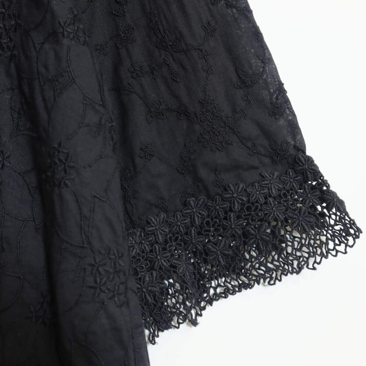 【美品】ピンクハウス★繊細花刺しゅう＆レース♪七分袖カットソー 黒系 美しいレース使い 異素材ミックス z14521