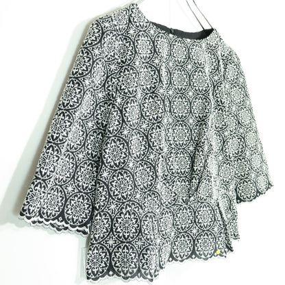 【美品】レリアン★総刺しゅうの上品スーツ♪七分袖トップス&タイトスカート 大きいサイズ13 黒系 薄手 z22889