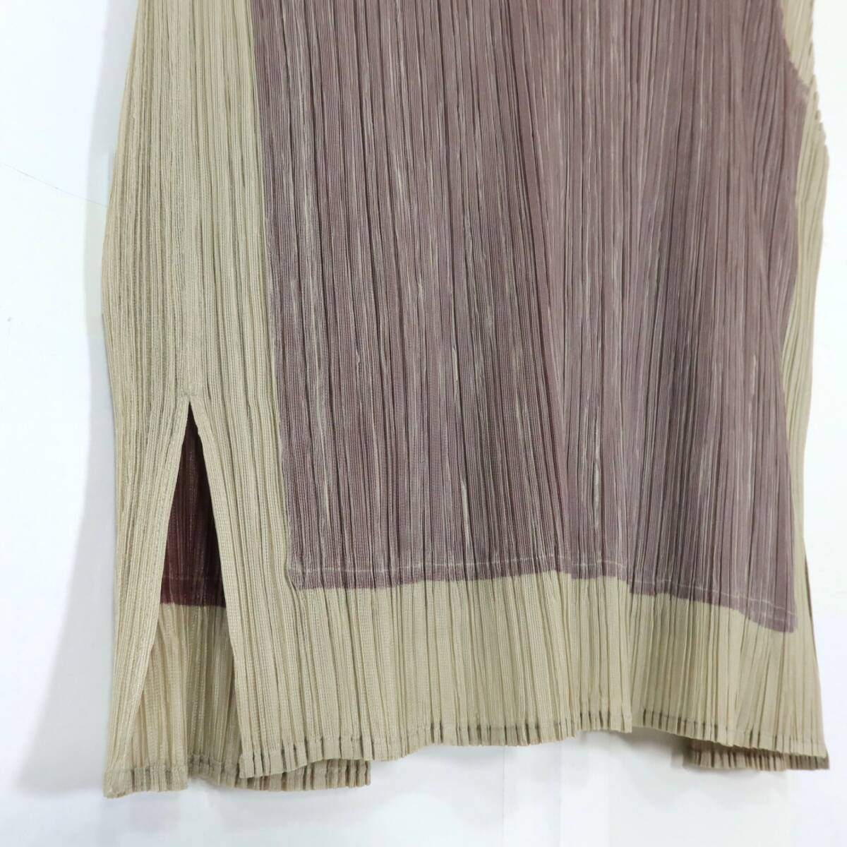 【極美品】プリーツプリーズ PLEATS PLEASE イッセイミヤケ★重ね着風ノースリーブカットソー  極細プリーツ サイズ4 茶系 z20946