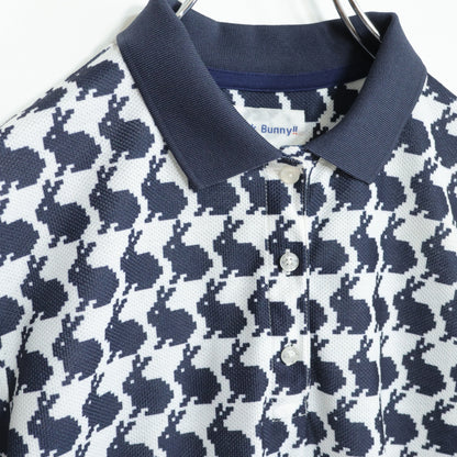 【美品】ジャックバニー★うさぎの総柄が可愛い♪ 半袖 ポロシャツ ゴルフウェア サイズ2 白・紺系 z22987