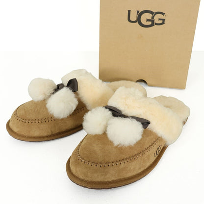 【美品！】UGG アグ★ポンポン付きリボンが可愛い♪ ファースリッパ ルームシューズ 大きいサイズ26.5 ブラウン系 sh201