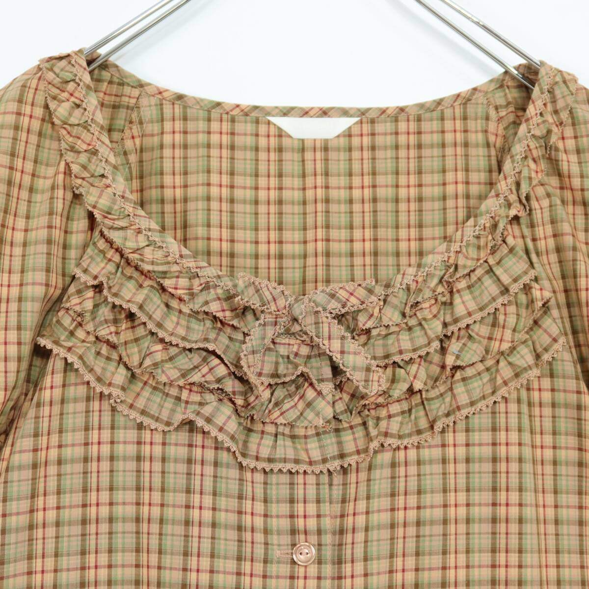 【美品】ピンクハウス★可愛いシルエット♪ パフスリーブチュニックワンピース オリチェ柄 ブラウン系 ＊z19601