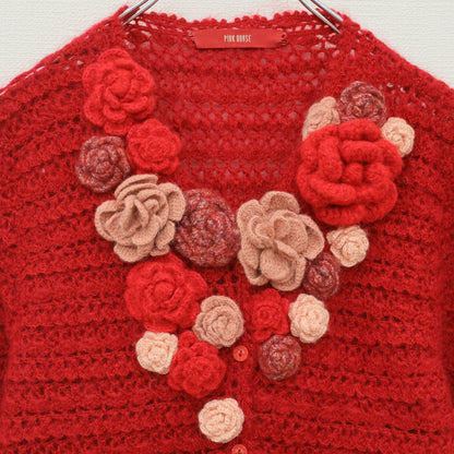 【美品】ピンクハウス★華やかな薔薇のモチーフ付き♪モヘヤ混 透け感のある長袖ニットカーディガン♪ 赤系 z23257