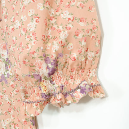 【美品】ピンクハウス★薔薇pt&段々フリル♪スクエアネックブラウス サーモンピンク系 前開き z22913