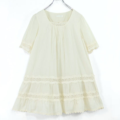 【美品】ピンクハウス★爽やかな綿ローンチュニック♪レース編み ギャザー ワンピース アイボリー系 z19614