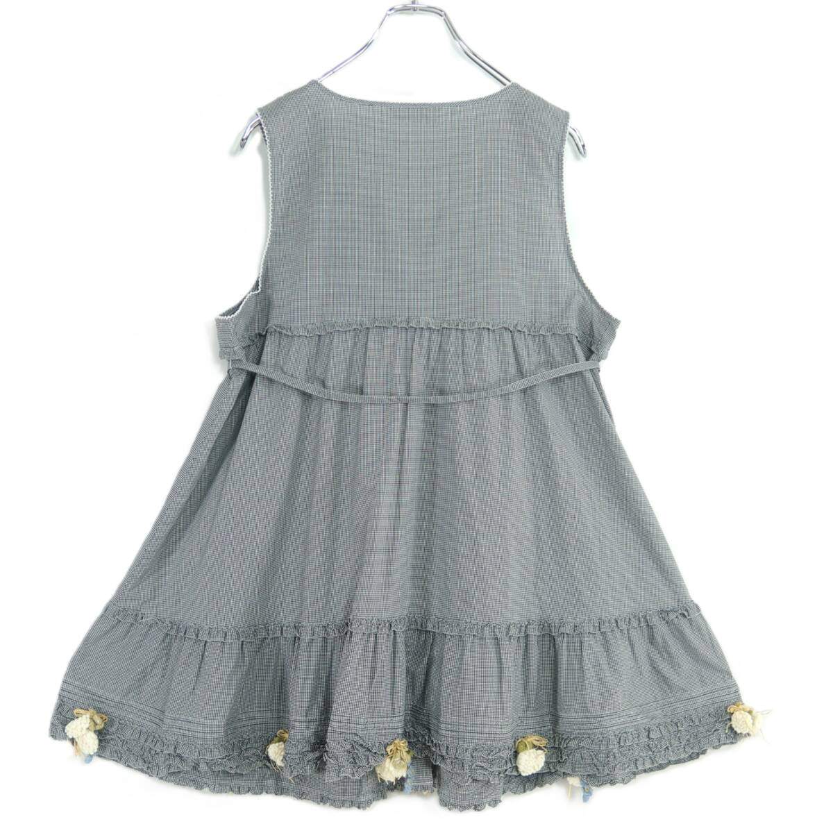 【美品】ピンクハウス★ギンガムチェック×フリル使い♪お花モチーフ ノースリーブ ミニワンピ チュニックブラウス 黒系 z19680