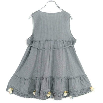 【美品】ピンクハウス★ギンガムチェック×フリル使い♪お花モチーフ ノースリーブ ミニワンピ チュニックブラウス 黒系 z19680