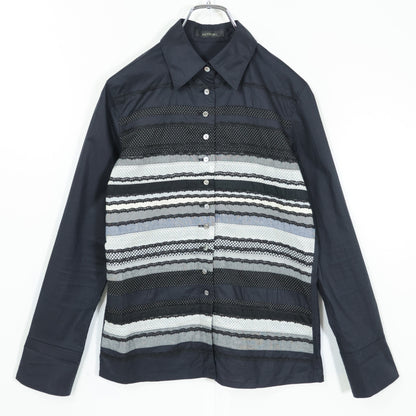インゲボルグ★いろいろパッチワーク♪長袖シャツ ブラウス サイズM 黒系 前開き ドット&レース&ギンガム♪薄手 z22040