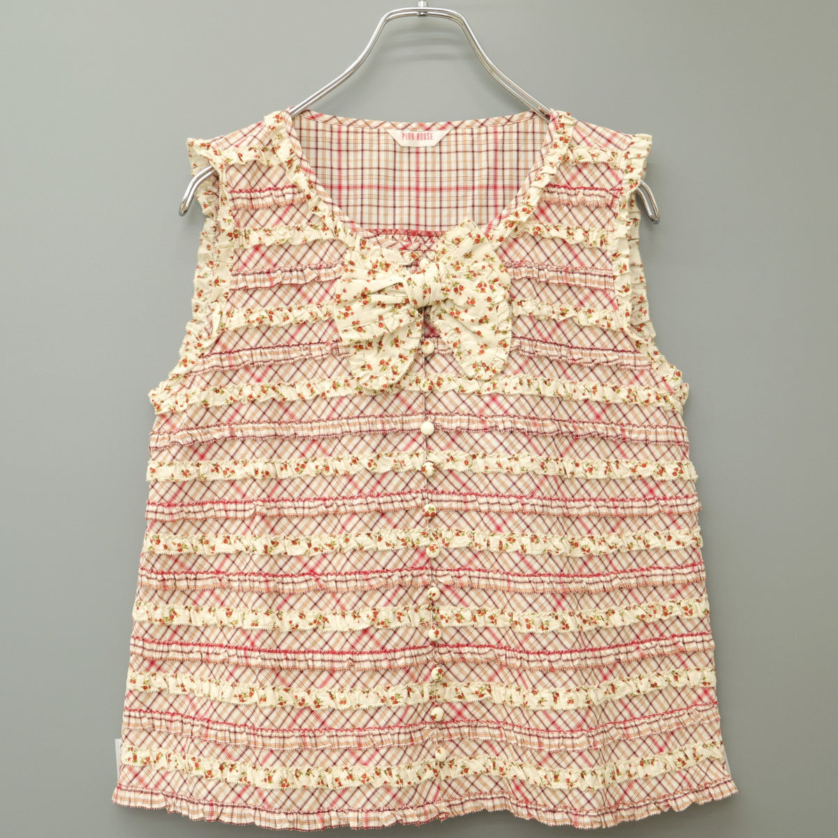 【美品】ピンクハウス★パッチワーク♪オリチェ&小花ptブラウス エクリュ×赤系 段々フリル&リボン 薄手 z23151