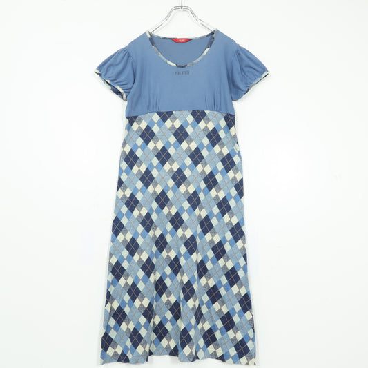 ピンクハウス★可愛いアーガイル柄♪ ドッキングパフ袖ワンピース 青系 z22579