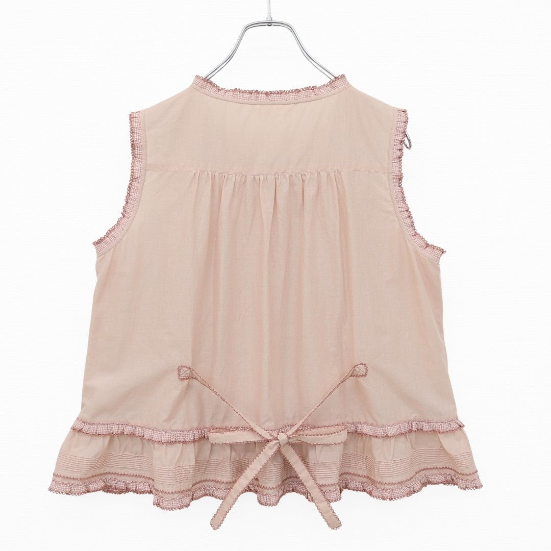 【美品】ピンクハウス★2026年 ギンガムフリル使い♪綿ローン ノースリーブブラウス ピンク系 前開き リボンも♪z23548