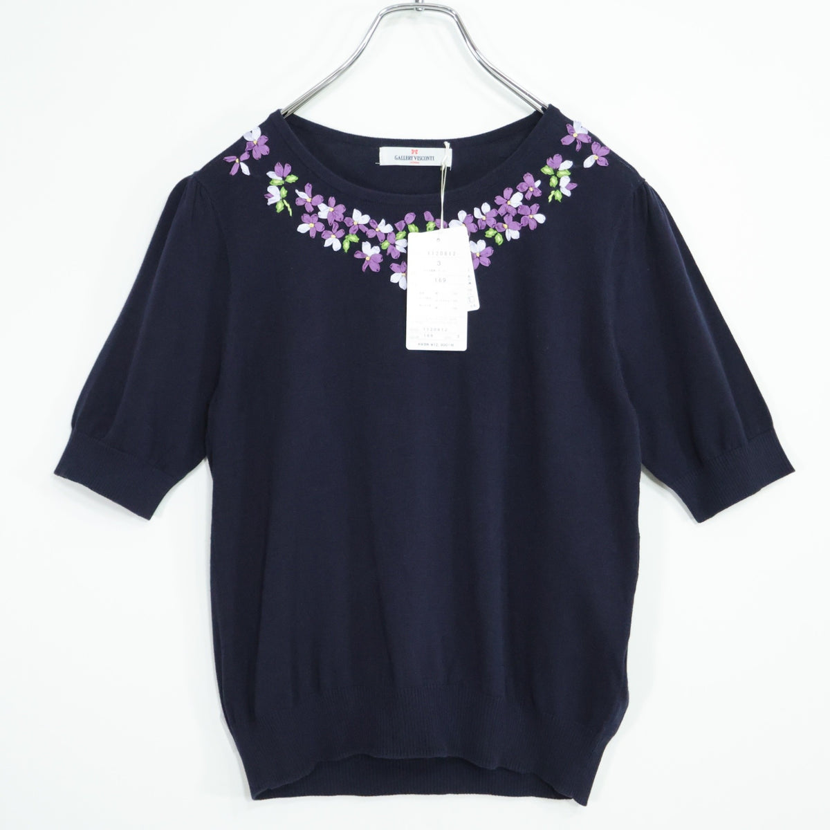 【美品・紙タグ有】ギャラリービスコンティ★お花モチーフ♪半袖ニット 大きいサイズ3 濃紺系 無地 z21202