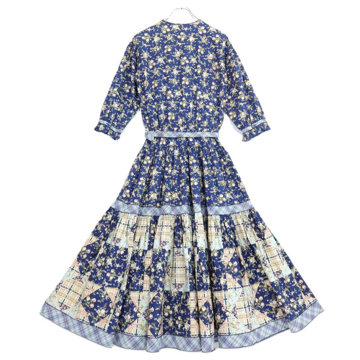 【美品】ピンクハウス★オリチェptパッチワーク♪花柄ワンピース ネイビー系 前開き 薄手 z20994
