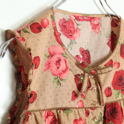 【美品】ピンクハウス★かぶせ段々フリルのローンブラウス 薔薇pt♪モカ系 前開き リボンも♪z18328