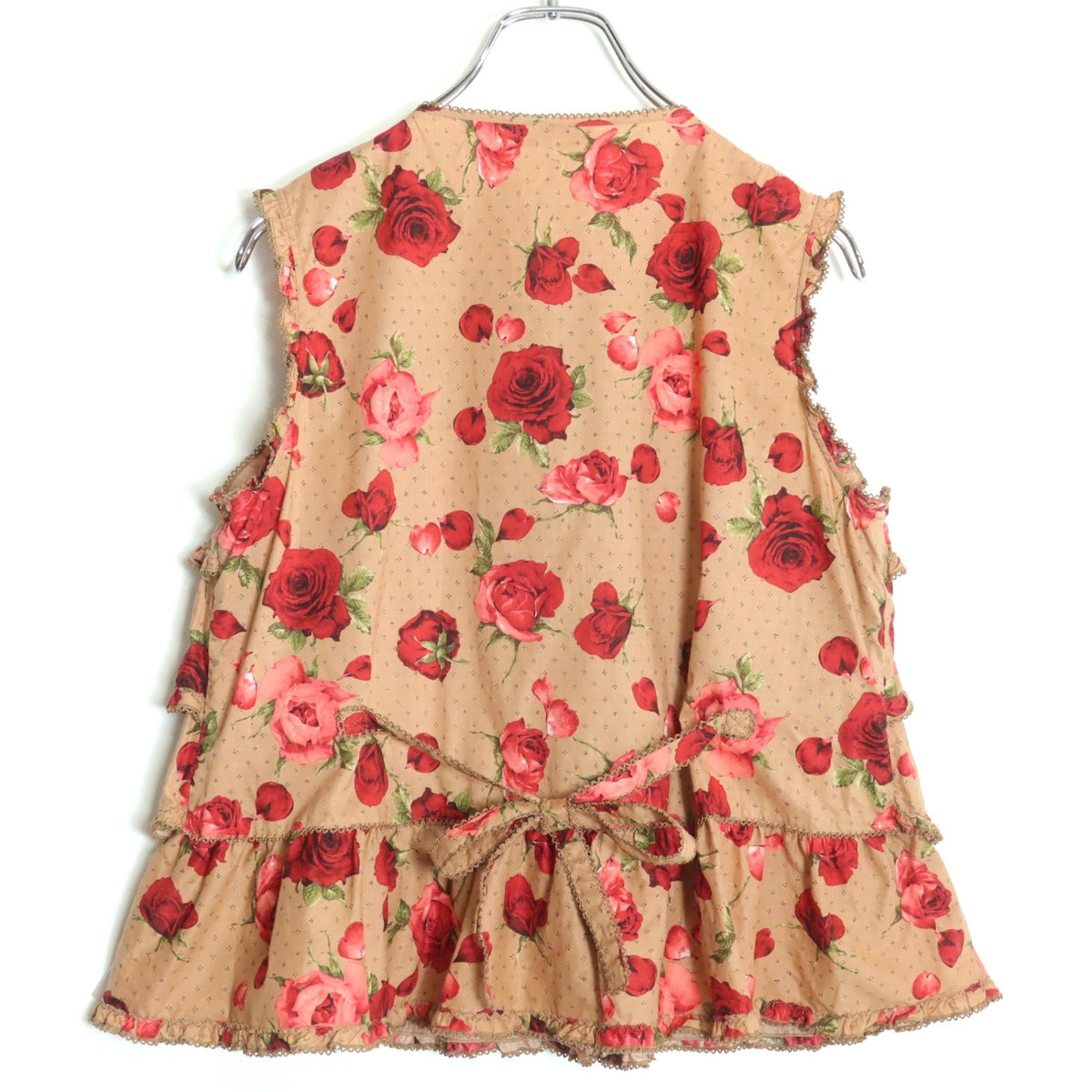 【美品】ピンクハウス★かぶせ段々フリルのローンブラウス 薔薇pt♪モカ系 前開き リボンも♪z18328