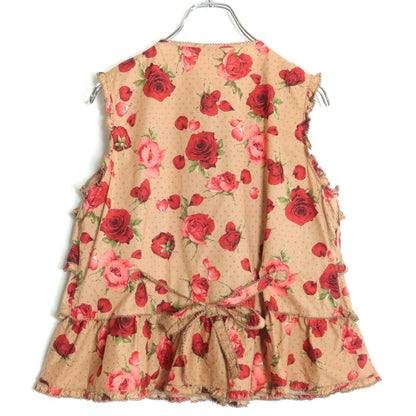 【美品】ピンクハウス★かぶせ段々フリルのローンブラウス 薔薇pt♪モカ系 前開き リボンも♪z18328