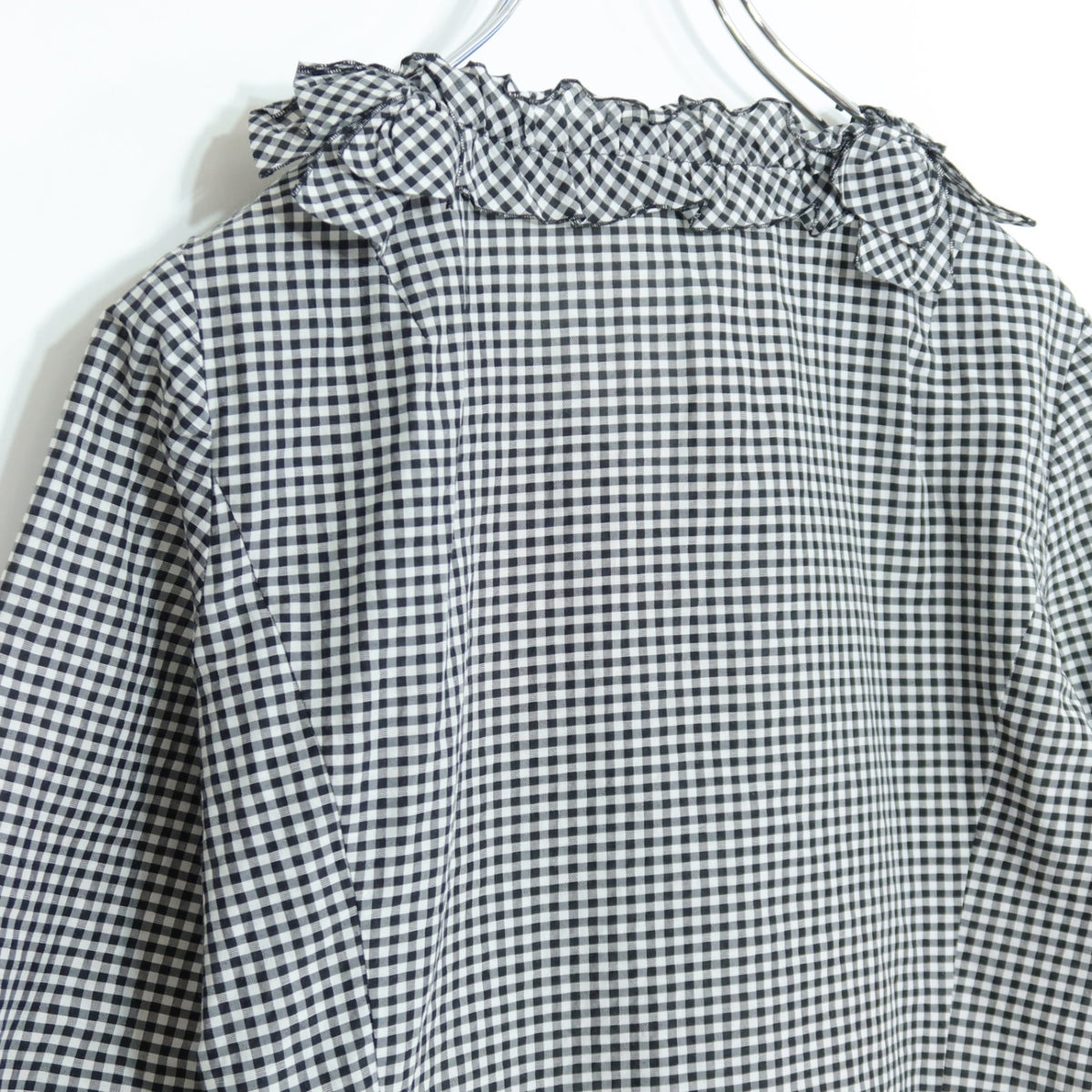 【美品】レリアン★モチーフ付き♪ギンガムチェックの上下セット 七分袖ブラウス&スカート サイズ9 黒×白系 裾フリル♪z20426
