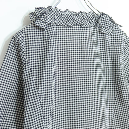 【美品】レリアン★モチーフ付き♪ギンガムチェックの上下セット 七分袖ブラウス&スカート サイズ9 黒×白系 裾フリル♪z20426