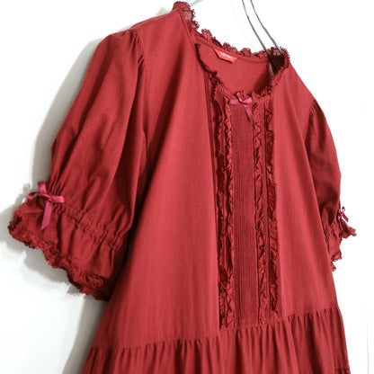 【美品】ピンクハウス★ふんわりフォルム♪華やかローンワンピース 赤系 裾段々&サテンリボン♪無地 z22171