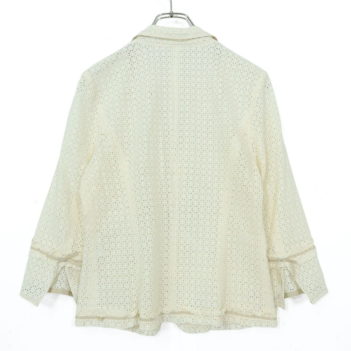 【美品】インゲボルグ★かぎ編みレースが可愛い♪リボン付き 透け感のあるジャケット♪サイズM 白系 z20371
