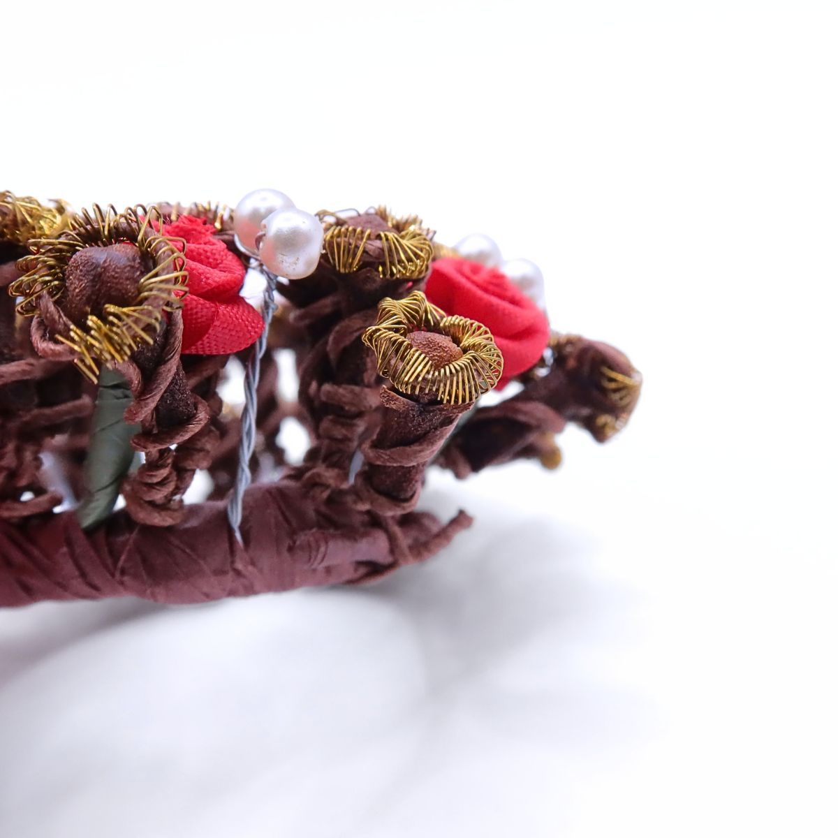 【美品】リースモチーフ ★オーナメント？赤薔薇 リボン パール ワイヤーフラワー ＊so174