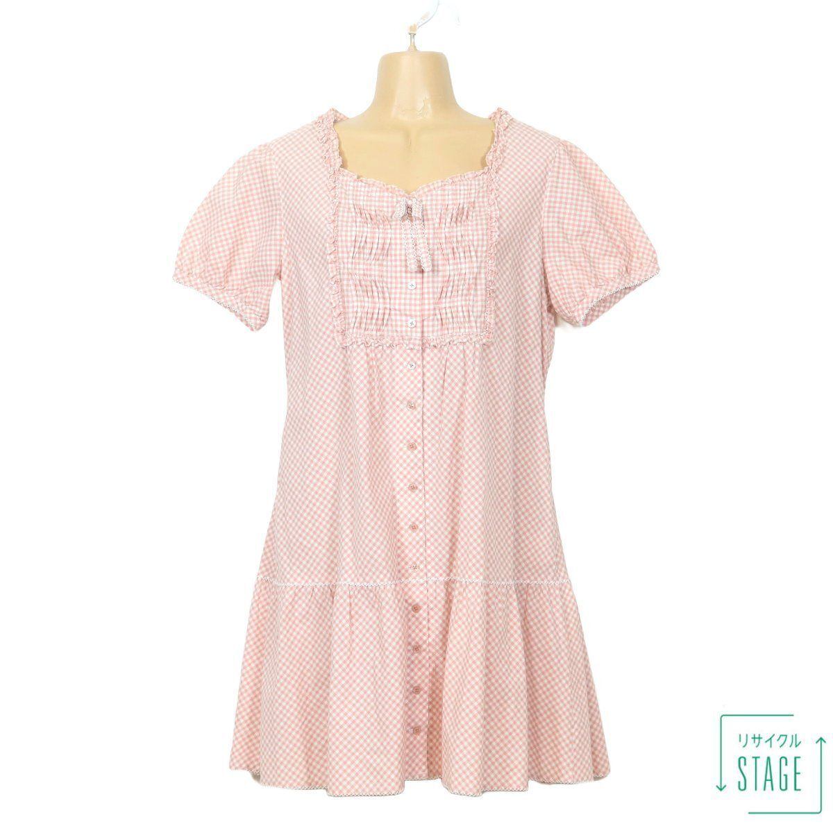 【美品】ピンクハウス★大人可愛い♪半袖ワンピース ミニ丈 キュートな総ギンガムチェック！薄手 春夏 ピンク×白系 z8532s