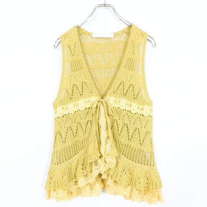 【美品】PINK HOUSE ピンクハウス★繊細な透かし編み×レース♪フェミニン ニットジレ ベスト レイヤード イエロー系  ＊ｋ14498