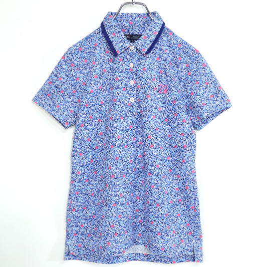 【美品】23区ゴルフ★リバティプリント♪ポロシャツ 半袖 サイズ2 青系 ロゴ刺しゅう♪ z22962