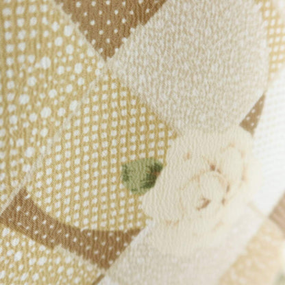 【美品】インゲボルグ★上品！カメリア&チェックpt♪半袖ワンピース サイズM ベージュ系 ブローチ付♪残布有 ＊ z20046