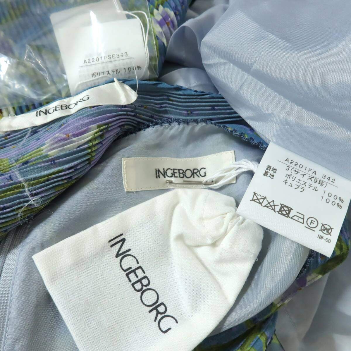 【極美品】インゲボルグ★二点セット！花柄シフォンワンピース&ショール サイズ9号 青系 ゆったり♪残布有 z18010