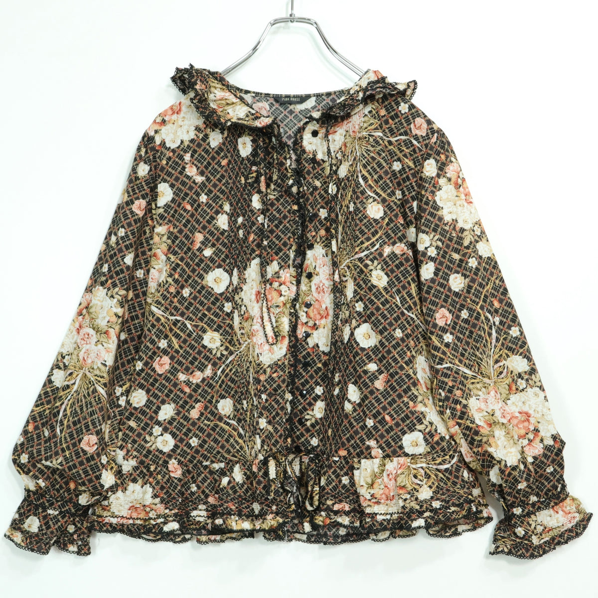 【美品】ピンクハウス★フェイバリットブーケpt♪長袖ブラウス フーディ 黒系 前開き たっぷりフリル♪z22911