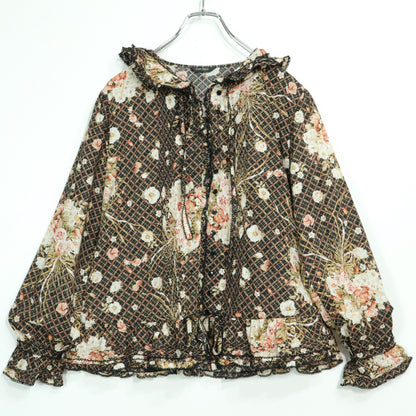 【美品】ピンクハウス★フェイバリットブーケpt♪長袖ブラウス フーディ 黒系 前開き たっぷりフリル♪z22911