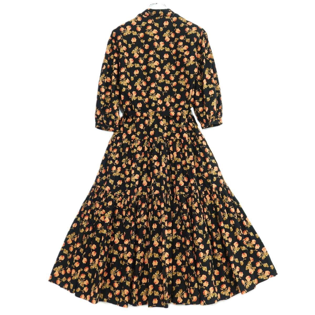 【レア美品】インゲボルグ★華やか薔薇pt♪七分袖ワンピース 黒系 前開き はしごレース&リボン♪薄手 z20078