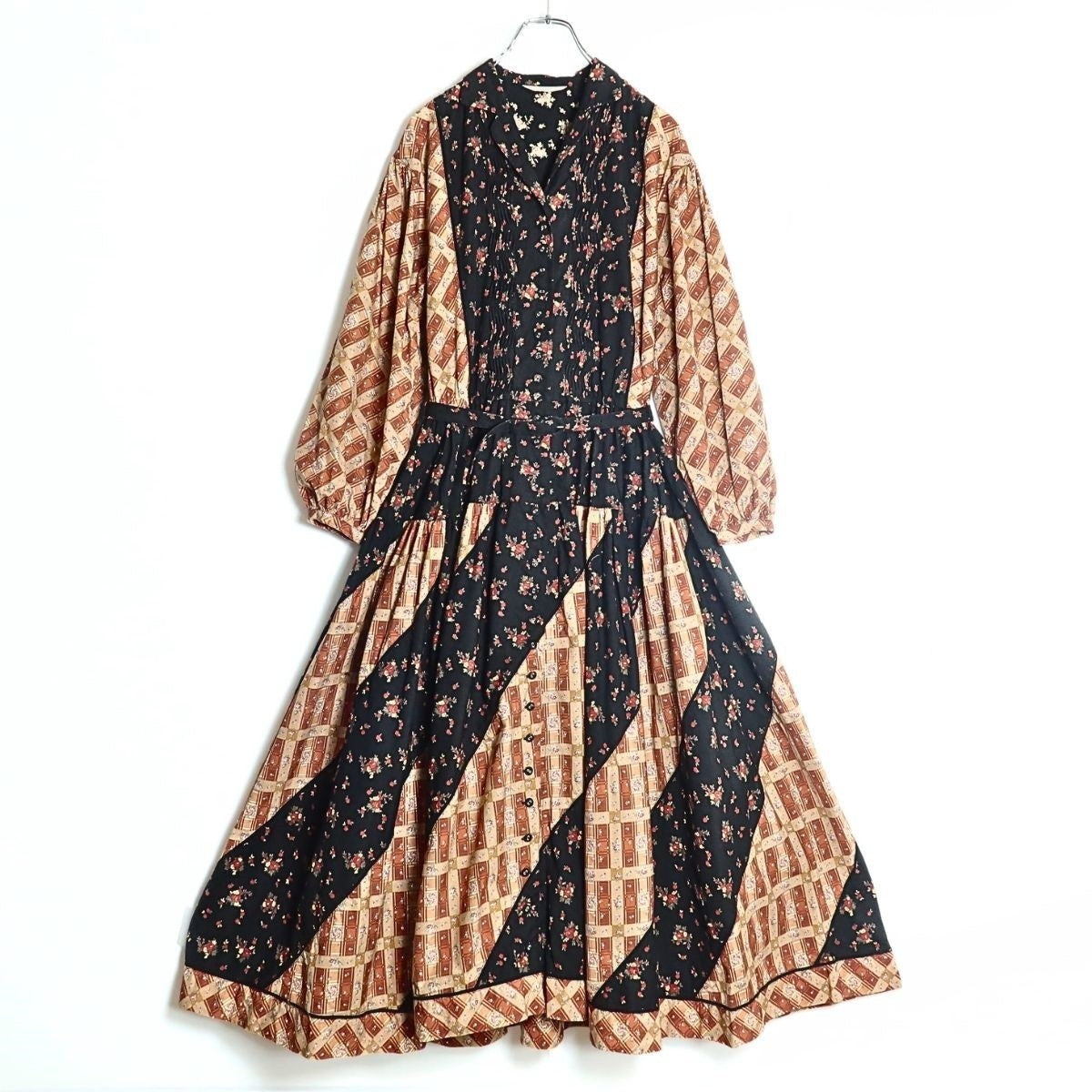 【レア美品】ピンクハウス★パッチワーク&はしごレース！小花柄ワンピース 黒×茶系 前開き 折りたたみピンタックも♪z17570