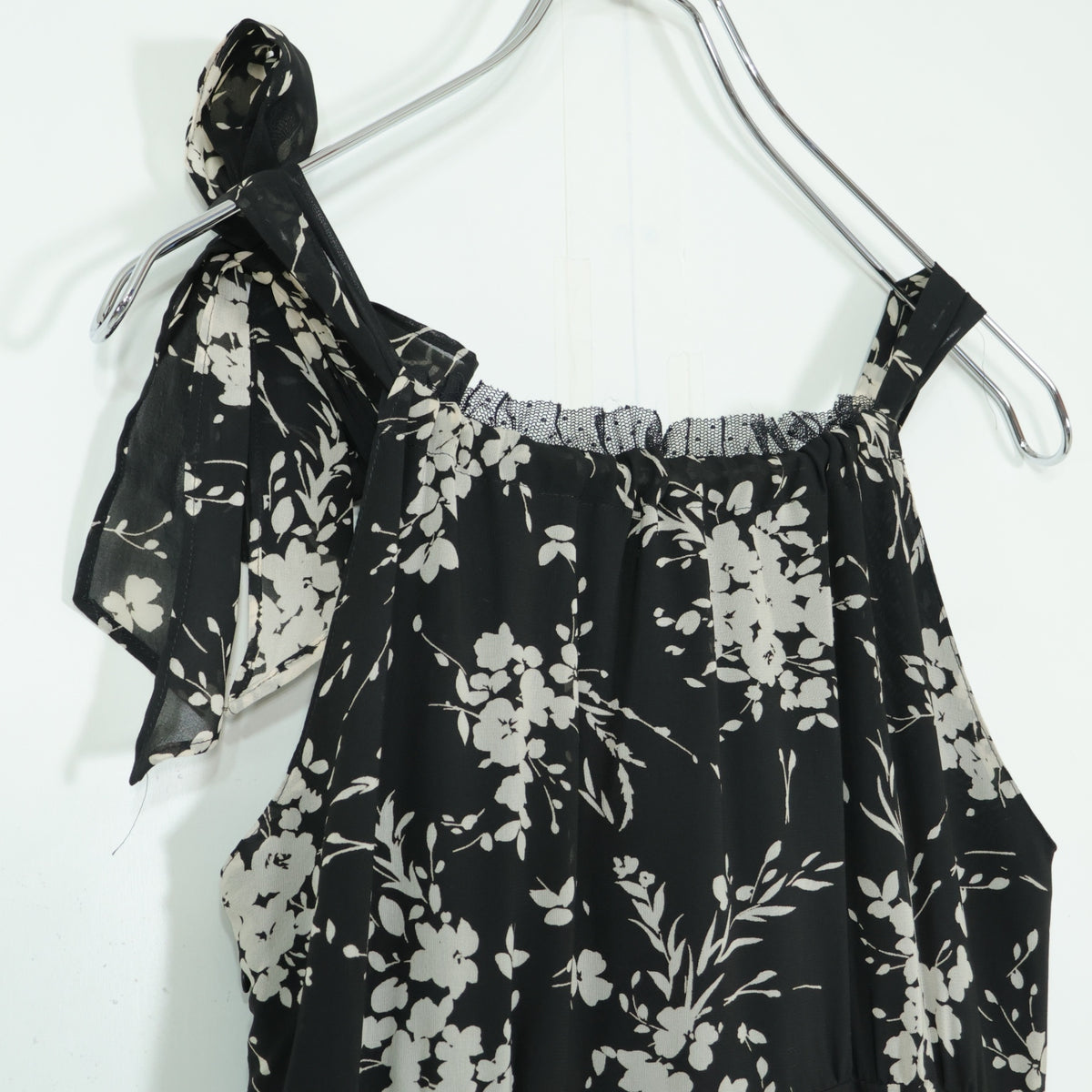 【美品】インゲボルグ★ドットチュールレース&お花pt♪キャミワンピ リゾートドレス サイズS 黒系 薄手 z22549