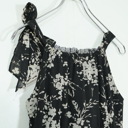 【美品】インゲボルグ★ドットチュールレース&お花pt♪キャミワンピ リゾートドレス サイズS 黒系 薄手 z22549