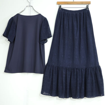 【美品】インゲボルグ★シックで可愛い♪ 編み風レース切替セットアップ 半袖ブラウス ティアード スカート サイズ9号 濃紺系 z23091