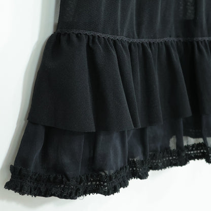 【美品】インゲボルグ★総チュールレース♪フリルたっぷりベスト はおりもの 黒系 前開き レース&お花モチーフ♪z22073