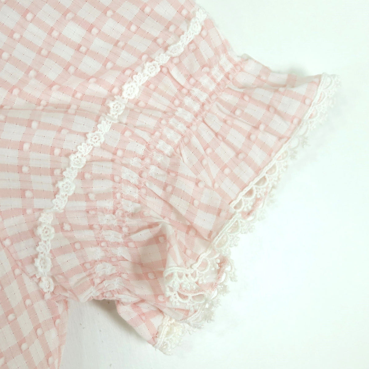 ピンクハウス★ドット刺繍♪チェックの半袖ローンブラウス はおりもの ピンク系 たっぷりフリル&レース♪前開き z19936