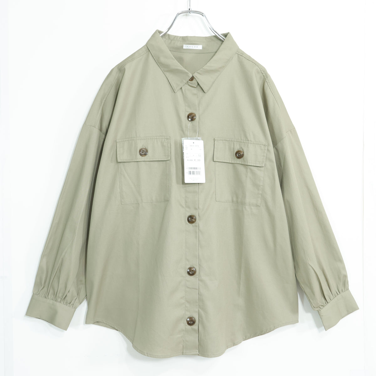 【新品タグ付】COLZA★ゆったり長袖シャツ 大きいサイズLL カーキ系 無地 薄手 z22873