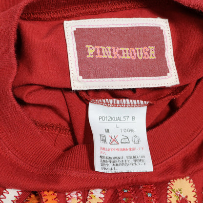 ピンクハウス★花柄パッチワーク&ワッペン♪半袖カットソー Tシャツ サイズM 赤系 無地 z21920