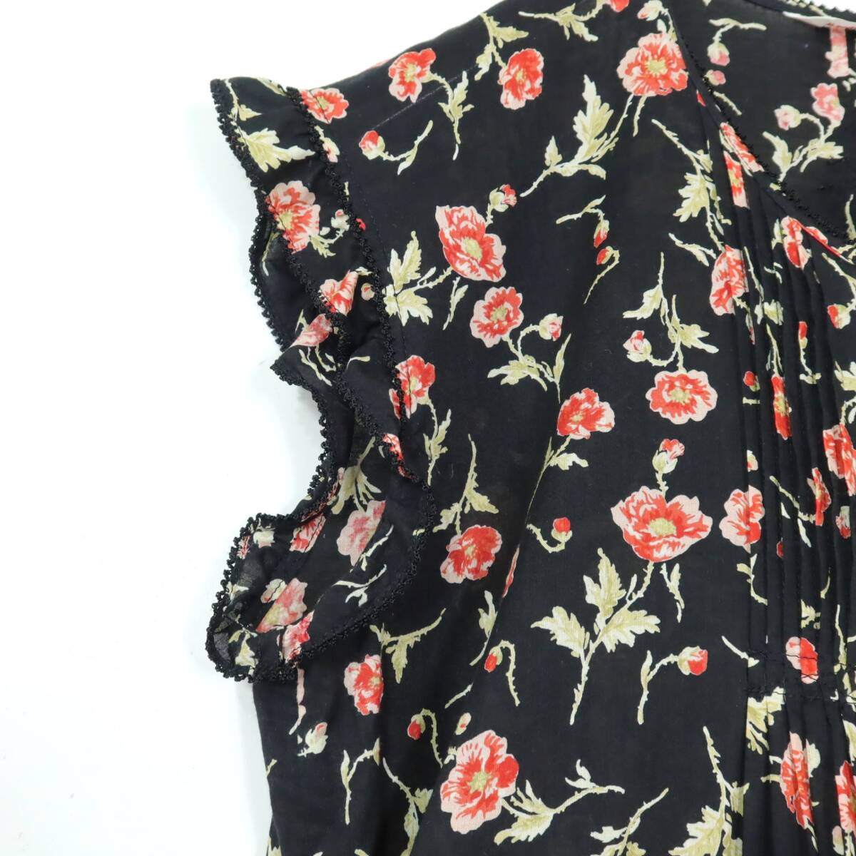 【美品】ワンダフルワールド カネコイサオ★花柄♪ノースリーブワンピース 黒系 裾ティアード♪薄手 z19760
